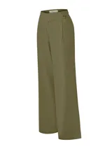 Pantalón de lino y viscosa color verde oliva, de corte recto y tiro alto, con botón lateral y pinzas.