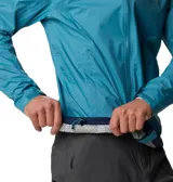 Campera impermeable Columbia Evapouration Jacket, color celeste, con capucha ajustable, cierre frontal completo, bolsillos laterales con cierre y ventilación en las axilas.
