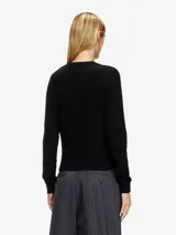 Sweater negro de lana y cachemira reciclada con cuello redondo y logo Oval D grande con bordados y recortes en el frente.