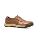 Zapato casual marrón de cuero, sin cordones, con elásticos laterales y suela de goma.