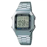 Reloj digital Casio Vintage con caja plateada y pulsera de acero inoxidable. Cuenta con funciones de cronómetro, alarma, calendario y luz LED. Resistente al agua.