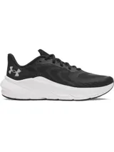 Zapatillas de running Under Armour modelo Turbulence 3 para mujer, color negro con suela blanca gruesa. Presentan un upper de malla transpirable y el logo de Under Armour en el talón.