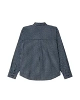 Camisa de manga larga Obey con estampado a cuadros en tonos azul y blanco. Tiene cuello abotonado, cierre frontal con botones y un bolsillo en el pecho con el logo de la marca bordado.