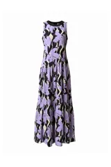 Vestido largo de jersey flame color lila con estampado abstracto en negro, amarillo y blanco.