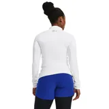 Remera deportiva blanca de manga larga con cuello alto y logo de Under Armour en el cuello.