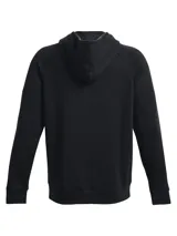 Buzo gris de Under Armour, línea Rival Fleece, con capucha y logo estampado en el frente.