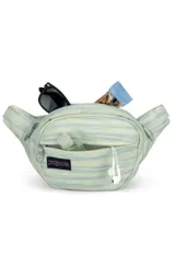 Riñonera JanSport Fifth Avenue negra con estampado de rayos blancos.