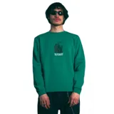 Buzo verde con estampa rectangular en el pecho con dibujo de la muerte y texto en ruso. Corte clásico y cuello redondo.