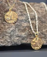 Collar con cadena de eslabones plateados y dije redondo con la figura del Espíritu Santo.