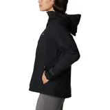 Campera impermeable y transpirable Columbia Earth Explorer II para mujer, color negro, con capucha ajustable, dobladillo y puños con cordón de ajuste, costuras totalmente selladas, ventilación en las axilas, bolsillos con cremallera y dobladillo en cola.
