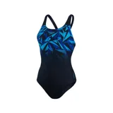 Malla enteriza deportiva Speedo Hyperboom Placement, color negro con estampado geométrico en tonos de azul en la parte superior.