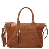 Cartera tote de ecocuero color marrón con doble asa de mano y correa bandolera ajustable y desmontable. Tiene cierre principal con cremallera, bolsillo frontal con cremallera, bolsillo interior con cremallera y llavero colgante.