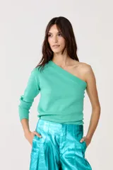Top de punto turquesa de una manga con brillo lurex, ideal para looks elegantes.