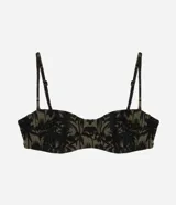 Bikini top con estampa de palmeras, modelo media taza con breteles ajustables, aro y lazo en la espalda. Confeccionado en microfibra.