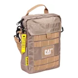 Bolso bandolera unisex color marrón claro, con bolsillo acolchado para tablet, bolsillo frontal con solapa y cierre de velcro, correa ajustable y desmontable, y trabilla trasera para sujetar a una mochila.