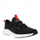Championes deportivos sin acordonar, color negro con detalles en rojo y suela blanca.