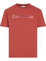 Remera color ladrillo de corte clásico, cuello redondo y mangas cortas. Estampado frontal con el logo de Calvin Klein en degradé de tonos rosados.