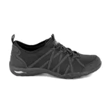 Zapatilla casual Skechers Relaxed Fit Arch Fit Comfy Paradise Found, color negro, con cordones elásticos, capellada de tela texturizada y material sintético, plantilla Arch Fit acolchada extraíble y entresuela acolchada liviana.