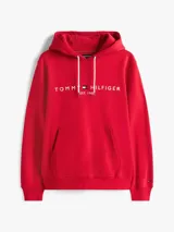 Buzo con capucha Tommy Hilfiger rojo, con cordones blancos y logo bordado en el pecho. Tiene bolsillo tipo canguro y puños y bajo acanalados.