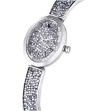 Reloj Swarovski para mujer, modelo Crystal Rock Oval, con caja ovalada de acero inoxidable color plateado y esfera cubierta de cristales. Pulsera metálica ajustable con cristales incrustados.