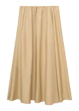 Falda larga color beige, de tiro bajo y corte evasé, con cintura elástica y bolsillos laterales.