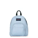 Mochila miniatura color celeste, con un compartimento principal y bolsillo frontal con cierre.