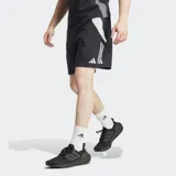 Short deportivo Adidas Tiro 24, color negro con detalles en blanco. Presenta el logo de Adidas y las tres rayas características de la marca en el lateral. Confeccionado con tecnología Aeroready para mantener la frescura durante la actividad física.