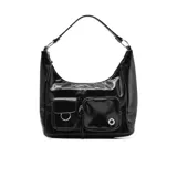 Cartera tipo hobo de cuero sintético color negro, con correa corta al hombro y dos bolsillos frontales con cierre.