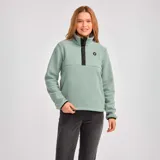 Buzo polar verde agua para mujer, con cierre de tres botones en el cuello y logo de CAT en el pecho.