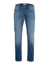 Jean azul de cinco bolsillos con diseño clásico. Cierre con botón. Tejido de sarga con acabado stonewash para un aspecto desgastado y deslavado. Tapered fit con tiro alto, rodilla cómoda y abertura de pierna ajustada.