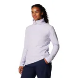 Buzo polar blanco de mujer, con cuello alto y cierre de media cremallera.