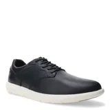 Zapato casual de hombre, color negro, estilo derby o zapatilla de vestir, con capellada de cuero liso y cordones negros. Posee una suela gruesa de goma color blanco hueso.
