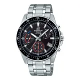 Reloj Casio Edifice plateado con esfera negra, detalles en rojo y azul, y correa de acero inoxidable.