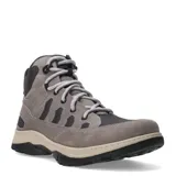 Bota de caña media color gris topo, con cordones y detalles en tela de red negra. Suela de goma negra y beige.