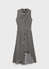 Vestido midi sin mangas con cuello alto y estampado de rayas verticales en blanco y negro.