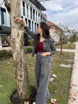 Chaqueta de jean gris con cuello clásico, cierre frontal con botones, dos bolsillos con solapa en el pecho y estampado de rosas con strass en el frente y la espalda.