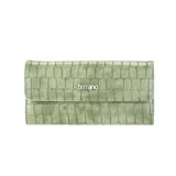 Billetera larga color verde agua con textura simil cocodrilo y cierre con broche imantado. Interior con tarjetero, espacio para billetes y bolsillo con cierre.