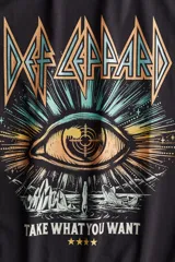 Remera negra de corte amplio con estampado de la banda Def Leppard, con un ojo y la frase "Take what you want".