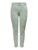 Pantalón de jean color verde claro, de corte recto y tiro alto.