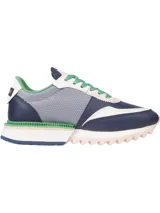 Zapatillas Tommy Jeans de cuero sintético color azul marino, gris y blanco, con cordones verdes y suela gruesa dentada en rosa y blanco.
