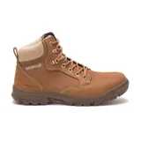Bota de trabajo Caterpillar color marrón, con puntera de acero y cuello acolchado en color beige. Cuenta con cordones redondos marrones, ojales metálicos y suela de goma antideslizante.