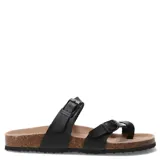 Sandalias bajas de cuero marrón con plantilla anatómica y hebillas ajustables.