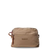 Cartera color tostado con cierre frontal y bolsillo exterior con cremallera.