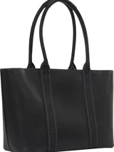 Bolso tipo tote negro de Tommy Hilfiger con cierre de cremallera, doble asa superior con inscripción de la marca y logo dorado en el frente.