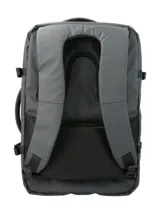 Mochila RKF unisex de poliéster reciclado repelente al agua, color gris. Cuenta con tres compartimentos independientes con cierre, compartimento para laptop de 15 pulgadas, triple bolsillo frontal con cierre, mango lateral, correas ajustables, almohadillas en la espalda, pasador para maleta y broches laterales.