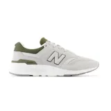 Championes New Balance modelo 997H, color gris claro con detalles en verde oliva y logo "N" en negro.