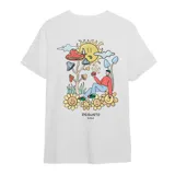 Remera negra de manga corta con estampa de un sol sonriente en el pecho.
