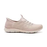 Zapatillas Skechers Slip-ins Brilliance Night Shift color rosa claro, con capellada de malla brillante, cordones elásticos fijos y plantilla acolchada Skechers Air-Cooled Memory Foam.