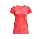 Remera Under Armour Tech para mujer, color coral con textura jaspeada y logo en el pecho.