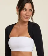 Saco bolero negro de microfibra con mangas largas.